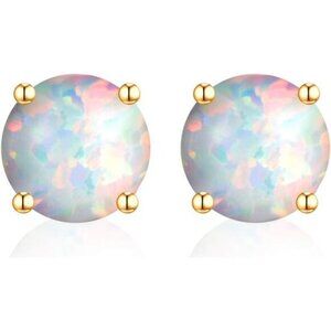 Women Ear Studs White 10/14K Solid Gold Round Opal Party Anniversary Wedding
